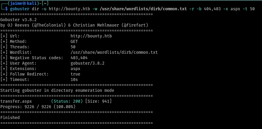 gobuster descubretransfer.aspx