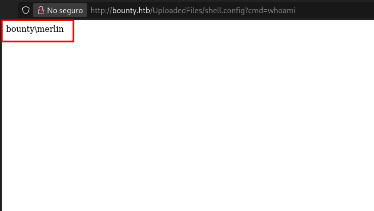 Ejecución de comandos: whoami devuelve bounty\merlin