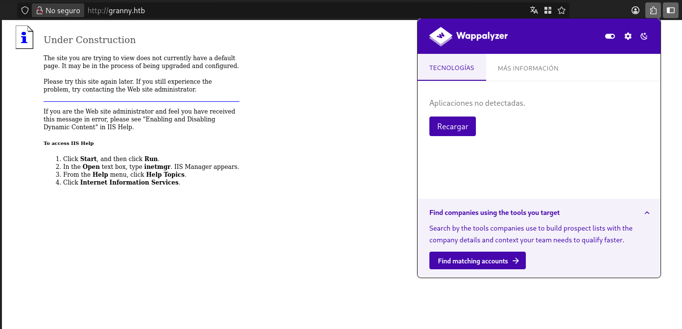 Página por defecto del servidor; Wappalyzer no detecta nada